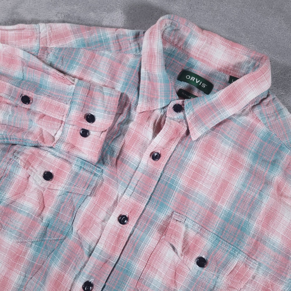 Orvis Shirt Mens Large‎ Pink Blue Plaid Classic Fit Long Sleeve Cotton Button Up
